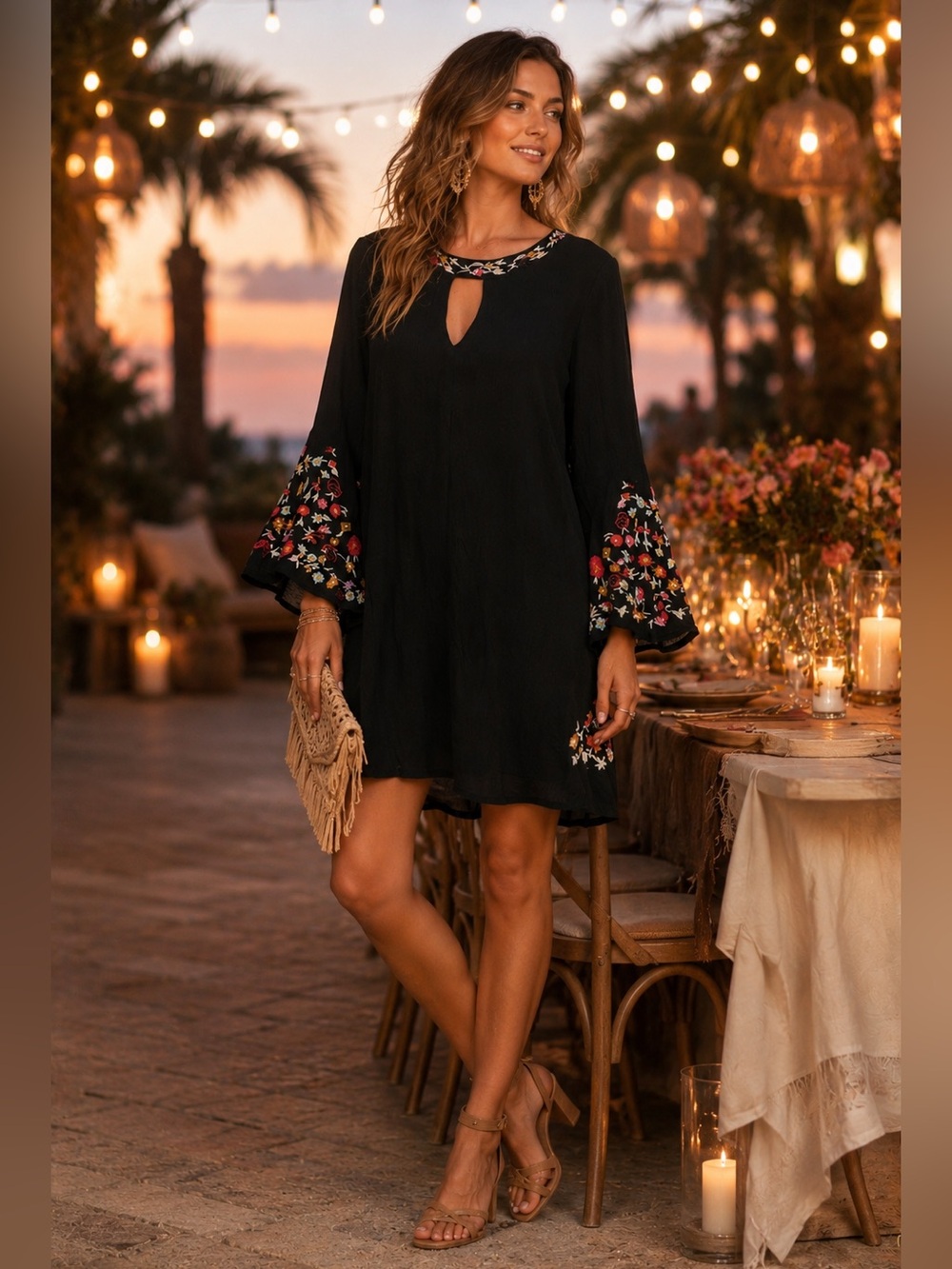 Anthropologie Jodifl Embroidered Black Swingdress Festival Boho Romantic (M)